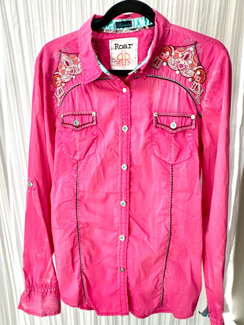 Roar Hot Pink Embroidered Shirt with Aqua Trim